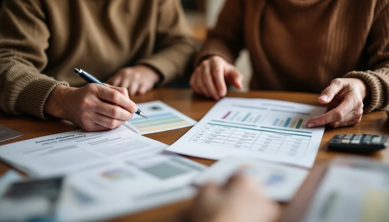 Two people review financial documents and charts spread across a wooden table, with one holding a pen over the papers and a calculator nearb