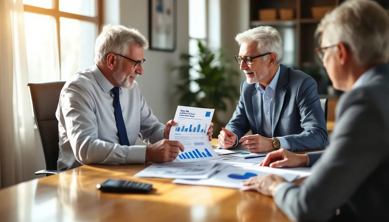 Three business professionals review financial charts and investment documents at a wooden table, representing portfolio analysis and offshore investment planning