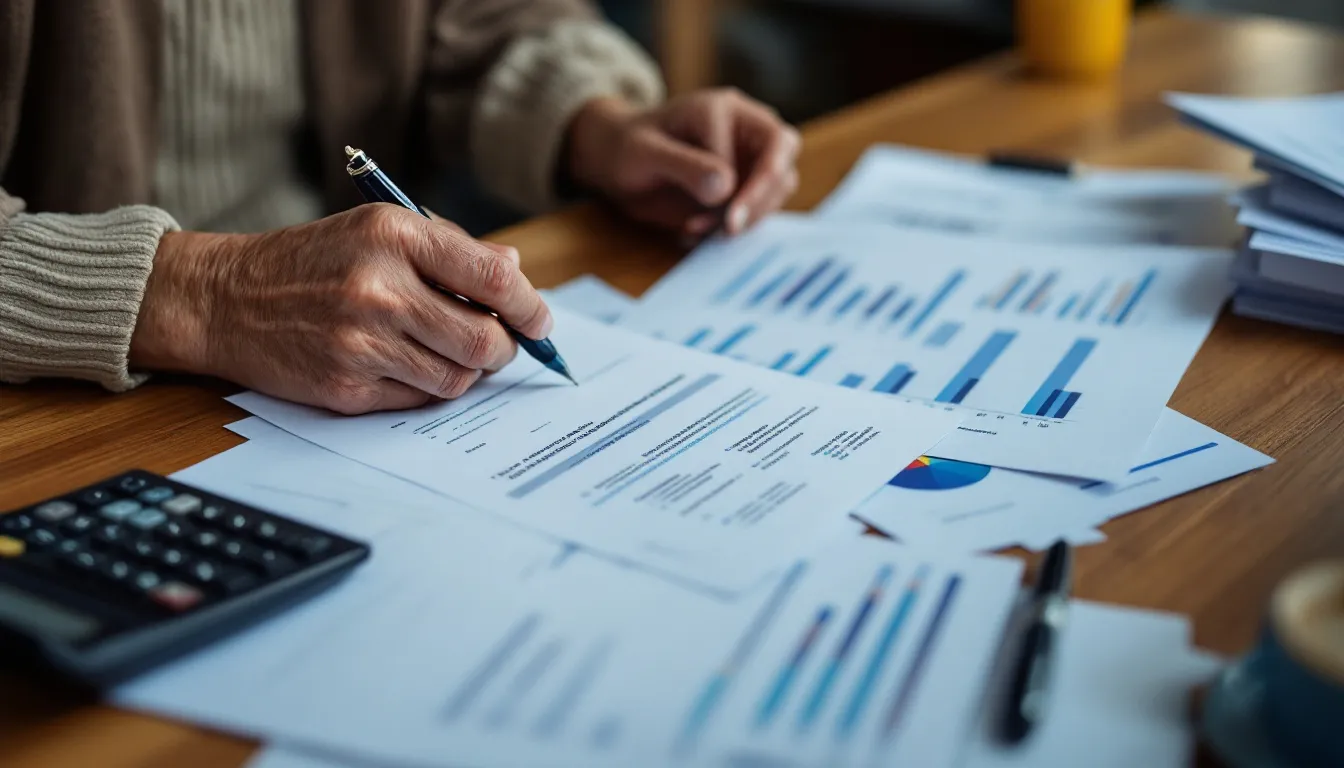 A financial professional reviews tax and investment documents with charts and calculations, representing retirement tax planning and compliance