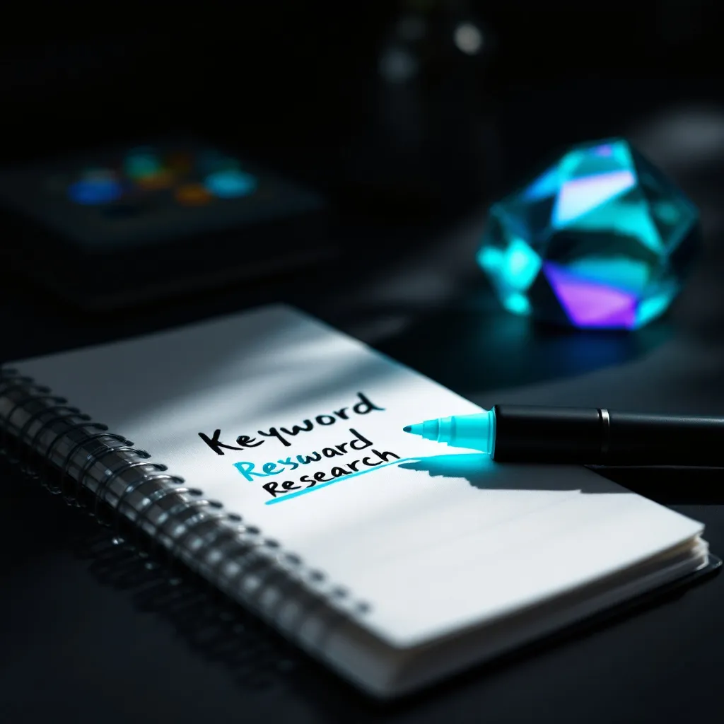 A spiral notebook with text written in cyan marker reading 'Keyword Research' sits on a dark surface next to a cyan and black marker