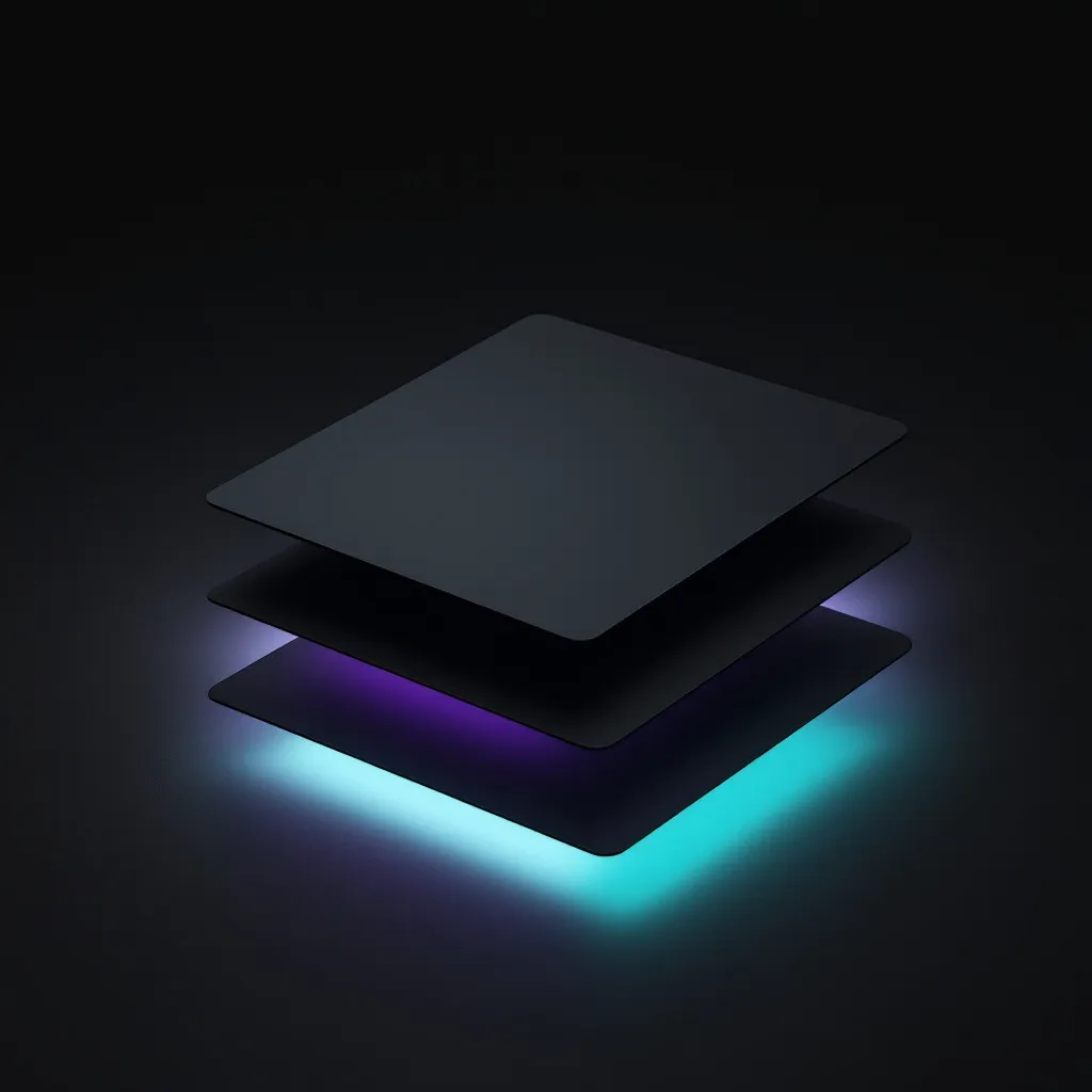 Stacked dark rectangular layers with glowing cyan and purple light emanating from beneath them against a black background