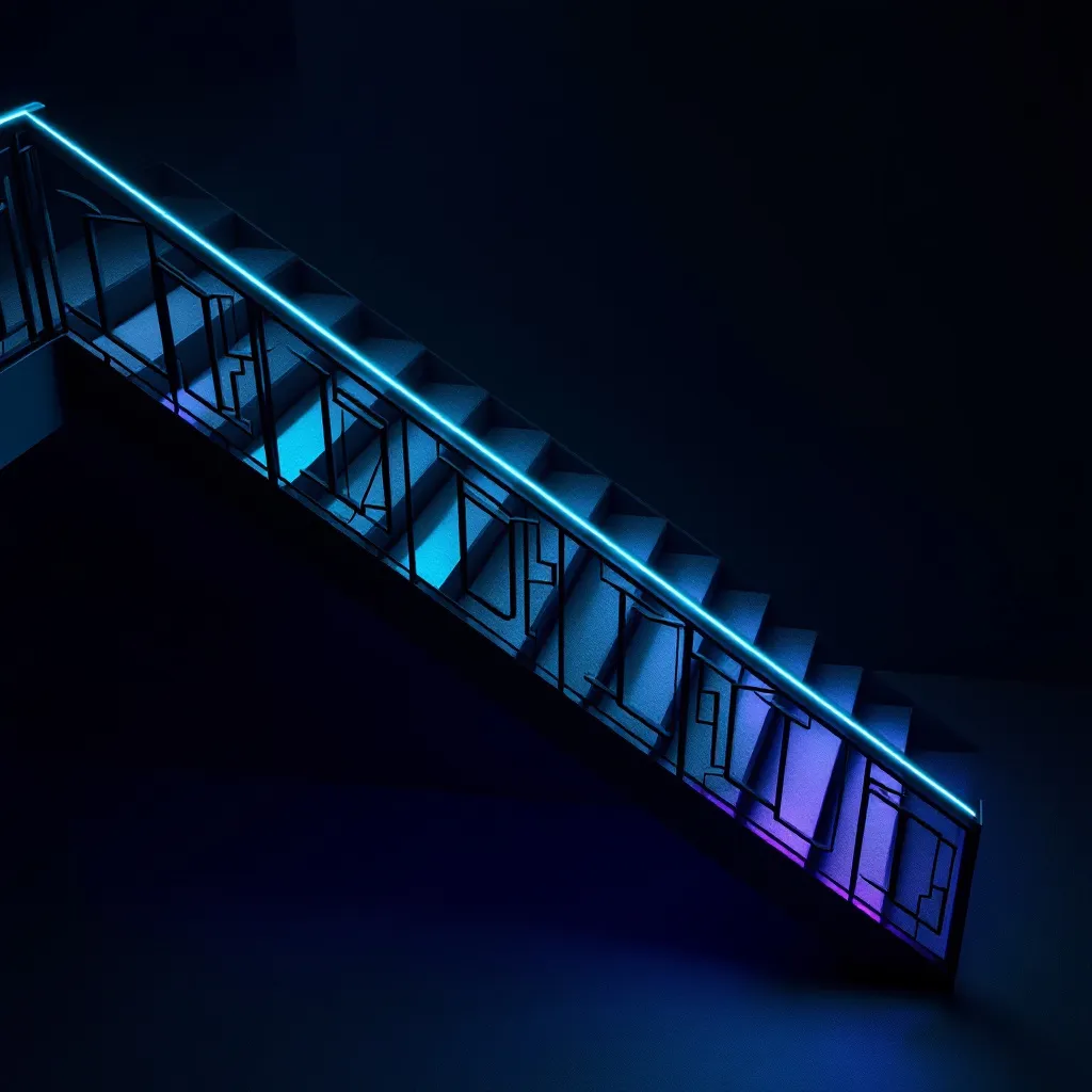 A bridge with glowing blue and purple neon lighting along its handrail, representing a pathway to safely transfer site authority during migration