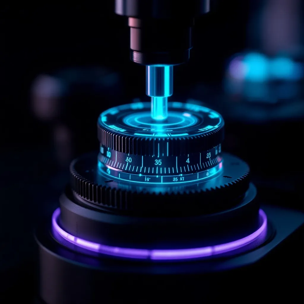 A precision measurement device with glowing cyan and purple dial rings, symbolizing the detailed tracking needed to monitor post-migration SEO performance