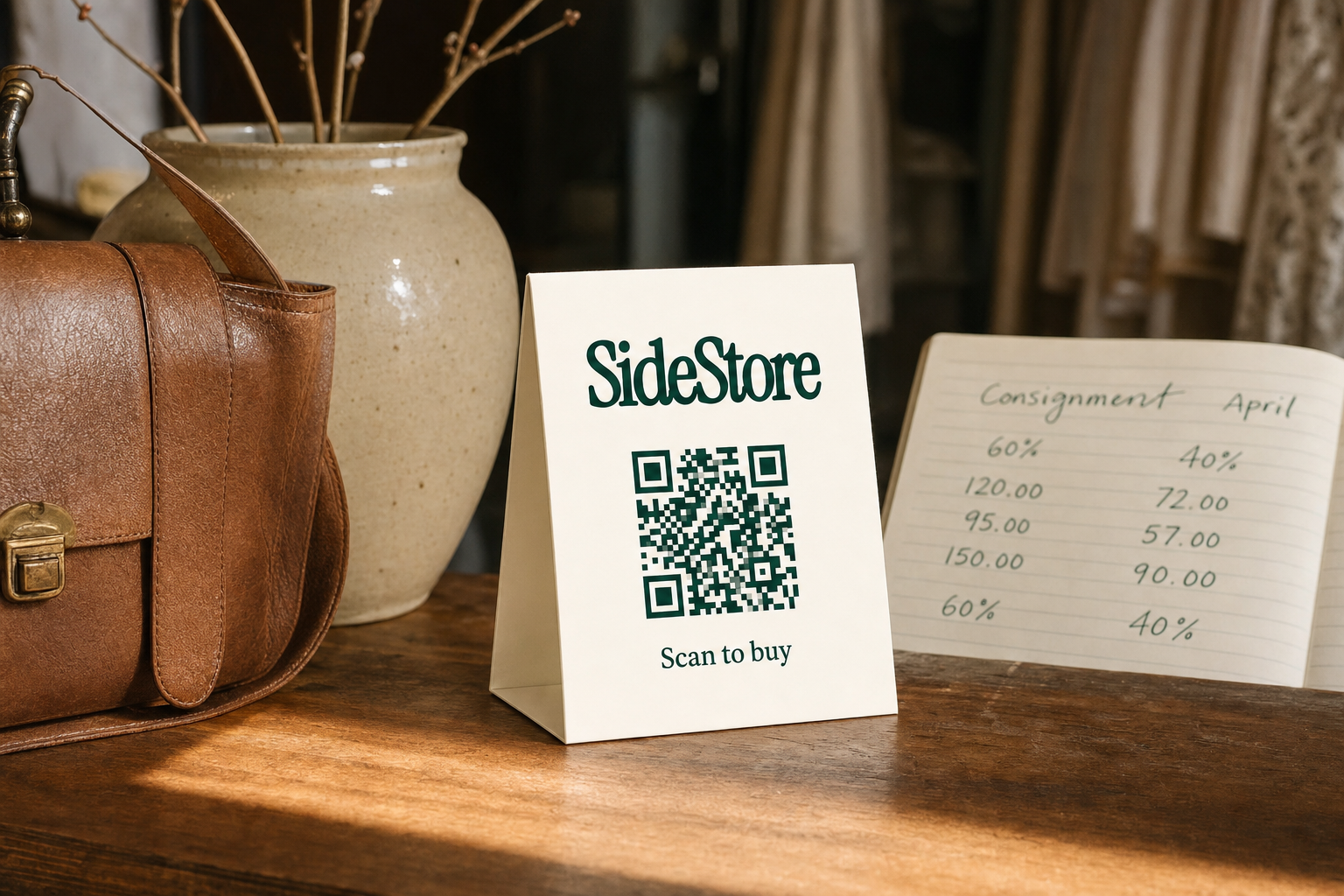 A wooden table displays a brown leather bag, a ceramic vase with dried branches, a white tent card with