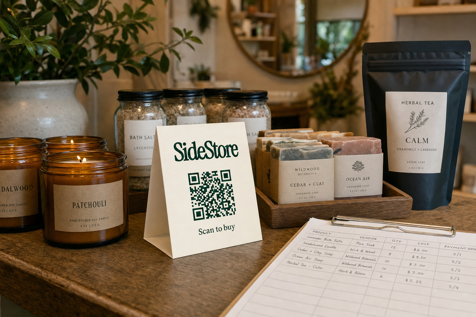 A retail display showing handmade bath and wellness products including candles, soaps, bath salts, and herbal tea, with a SideStore QR code