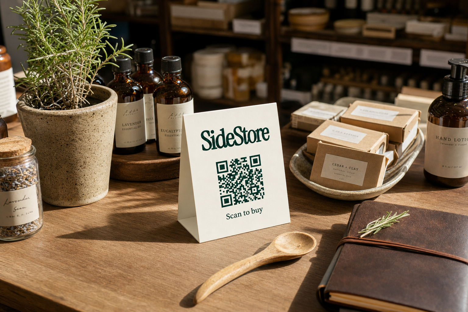 A wooden counter displays a SideStore promotional card with a QR code, surrounded by essential oil bottles, potted rosemary, kraft product b
