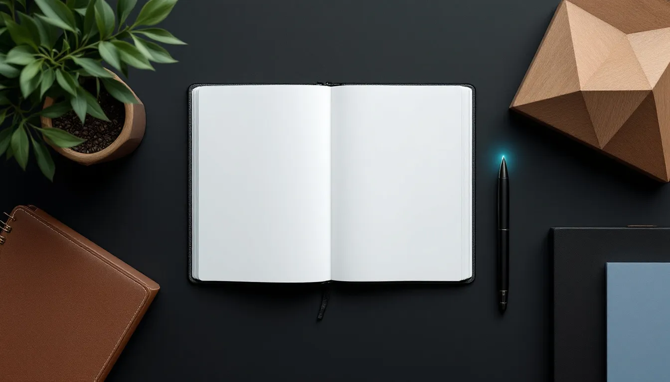 An open blank notebook with a black pen lies on a dark desk surrounded by a potted plant, brown leather wallet, wooden geometric sculpture