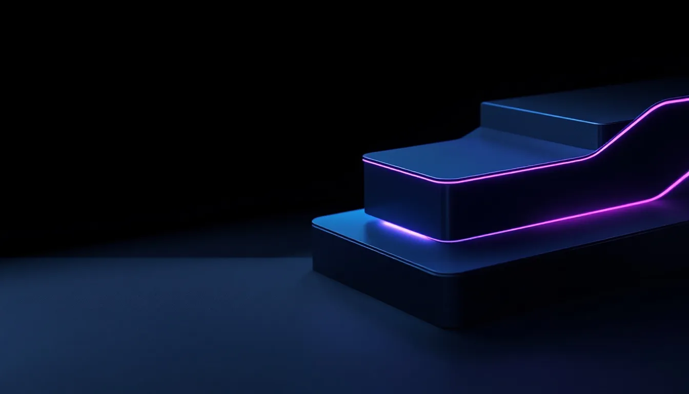 Abstract 3D geometric shapes with blue and pink neon lighting against a dark background