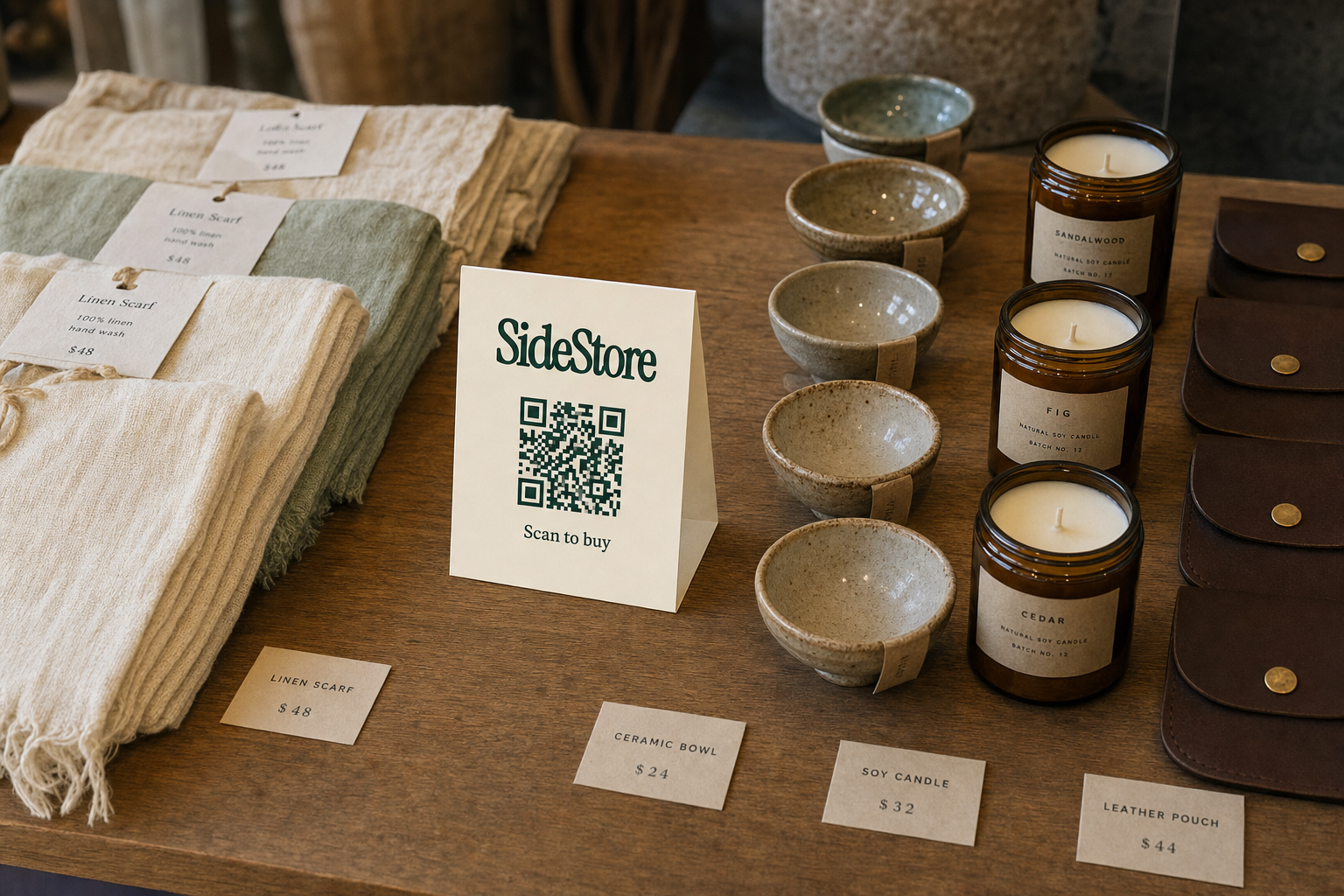 A wooden table displays folded linen scarves on the left with price tags, a SideStore QR code sign in the center, ceramic bowls and soy cand