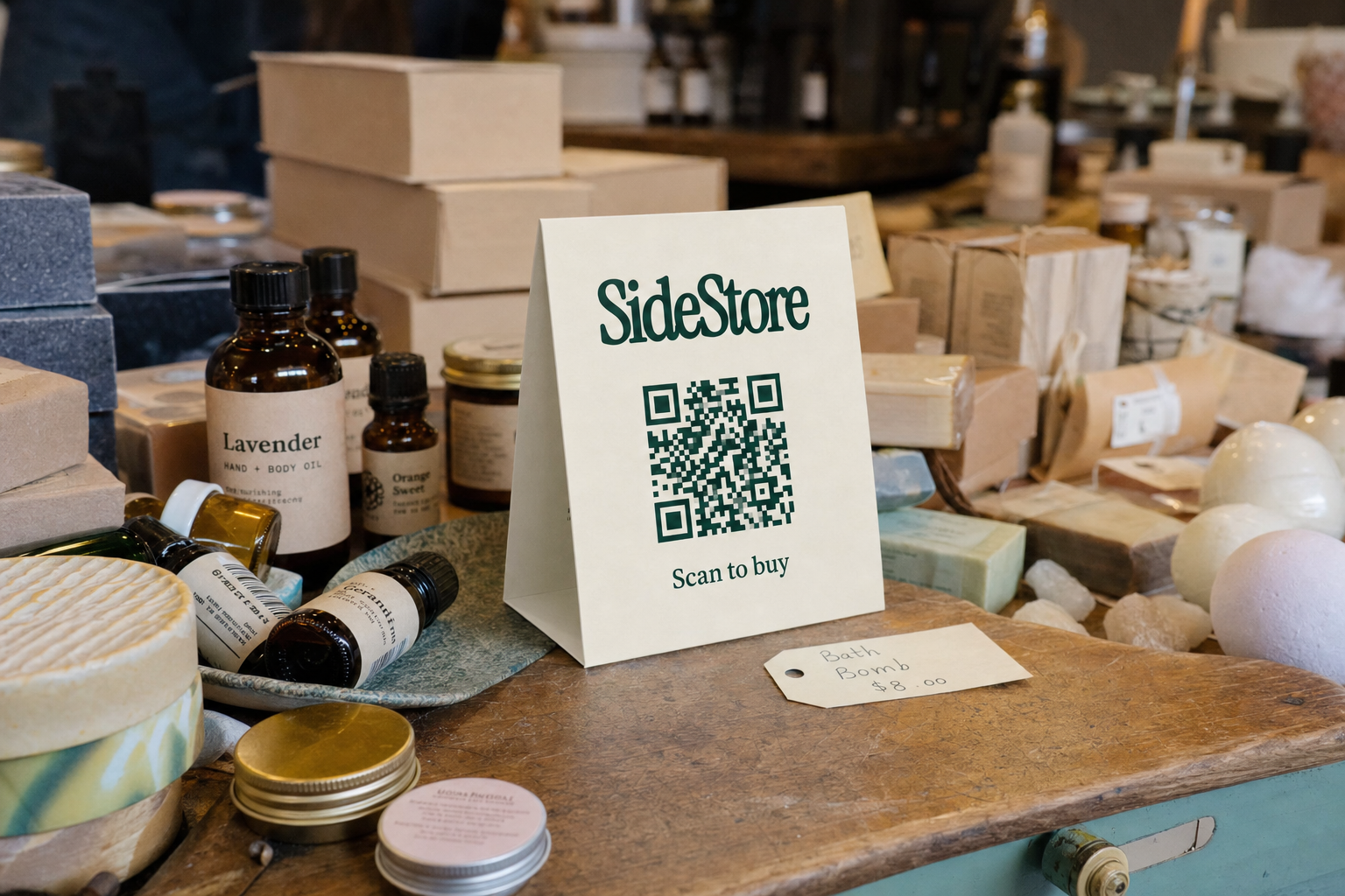 A wooden table displays handmade bath and body products including bottles of lavender and orange sweet oils, soaps, and a white tent card wi