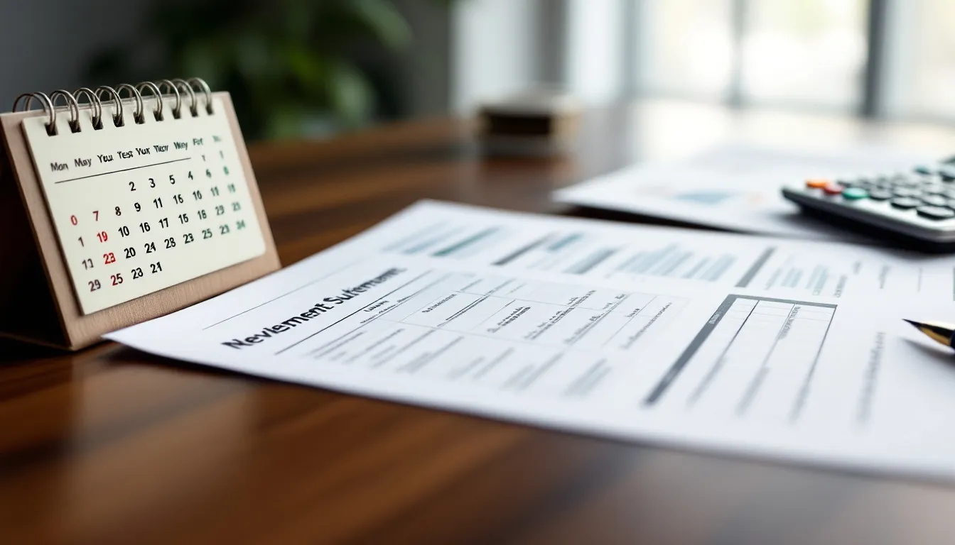 A desk with a small spiral-bound calendar showing dates and days of the week, a printed document labeled "Netzwerk Sicherheit," a calculator