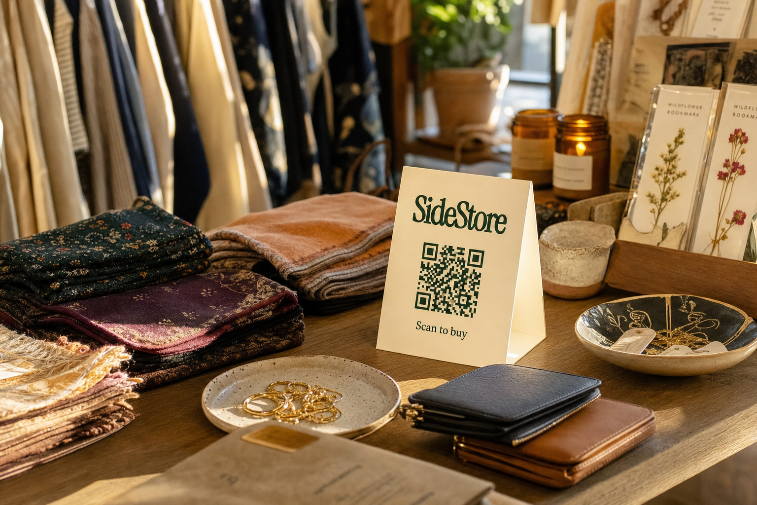 A retail display table shows folded fabrics, small leather wallets, ceramic dishes with gold jewelry, amber glass jars, wildflower bookmarks