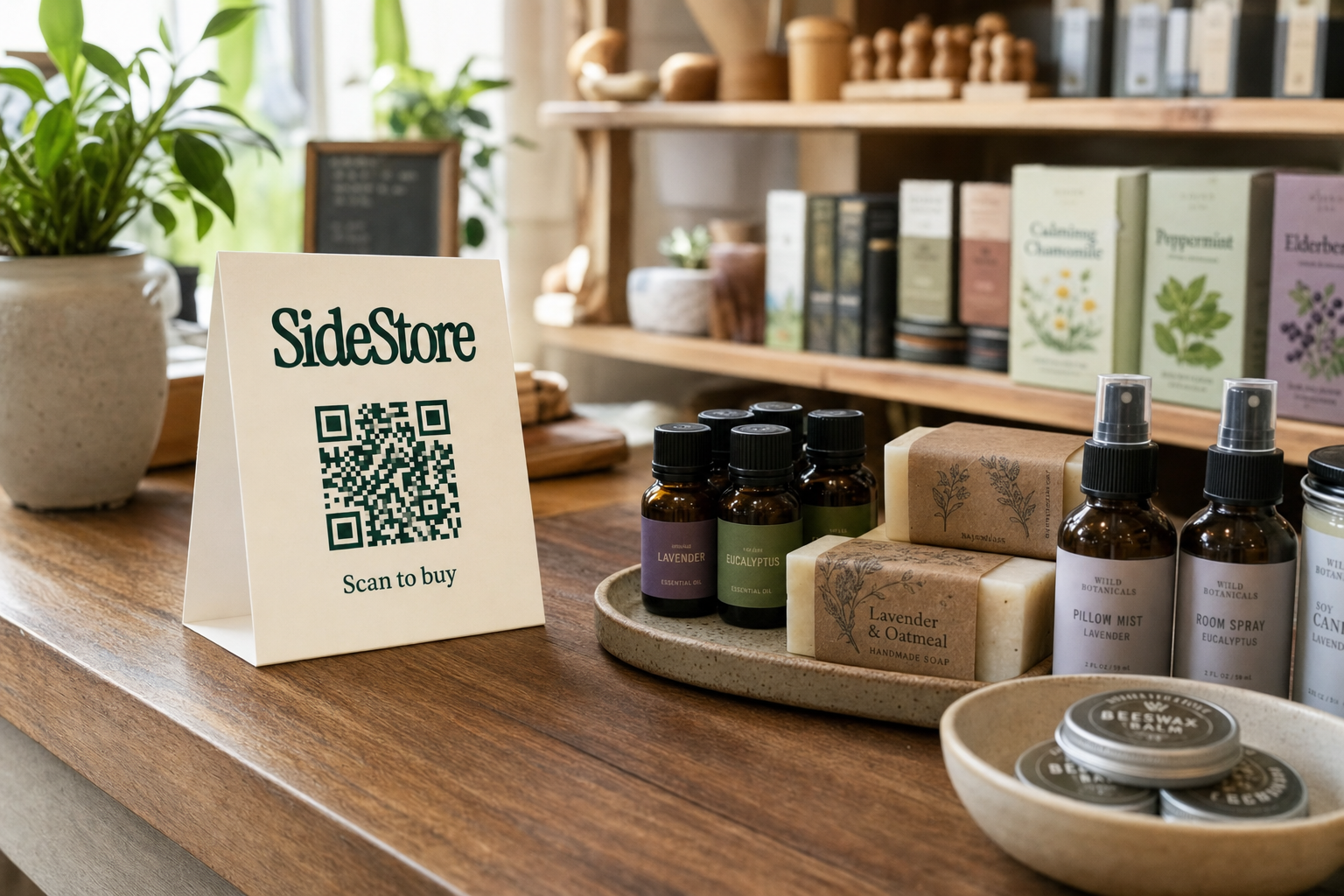 A wooden retail counter displays natural beauty products including essential oil bottles, handmade soaps, and room sprays, with a SideStore QR card