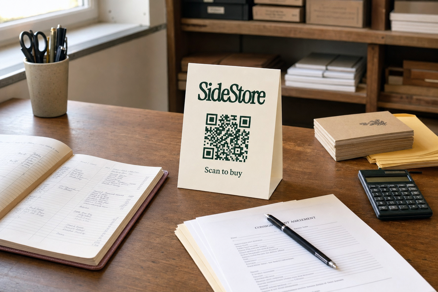 A wooden desk in an office displays a SideStore promotional card with a QR code and 