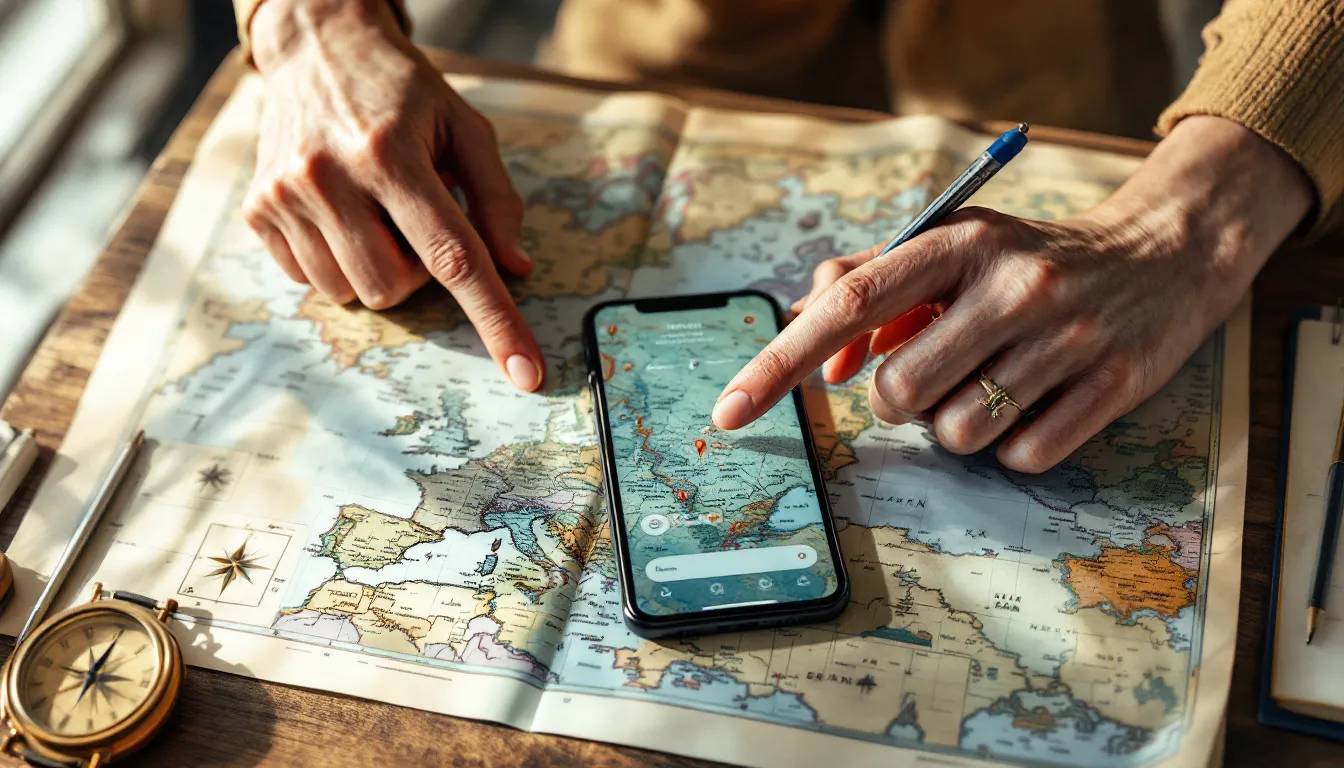 Map and smartphone showing geographic location data and coordinates on a workspace