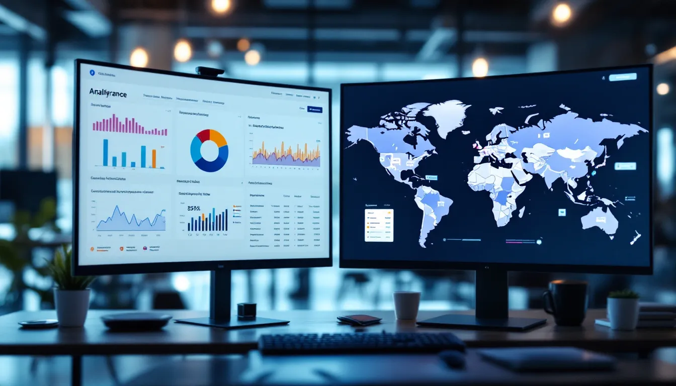 Analytics dashboard and geographic map visualization showing performance metrics side by side