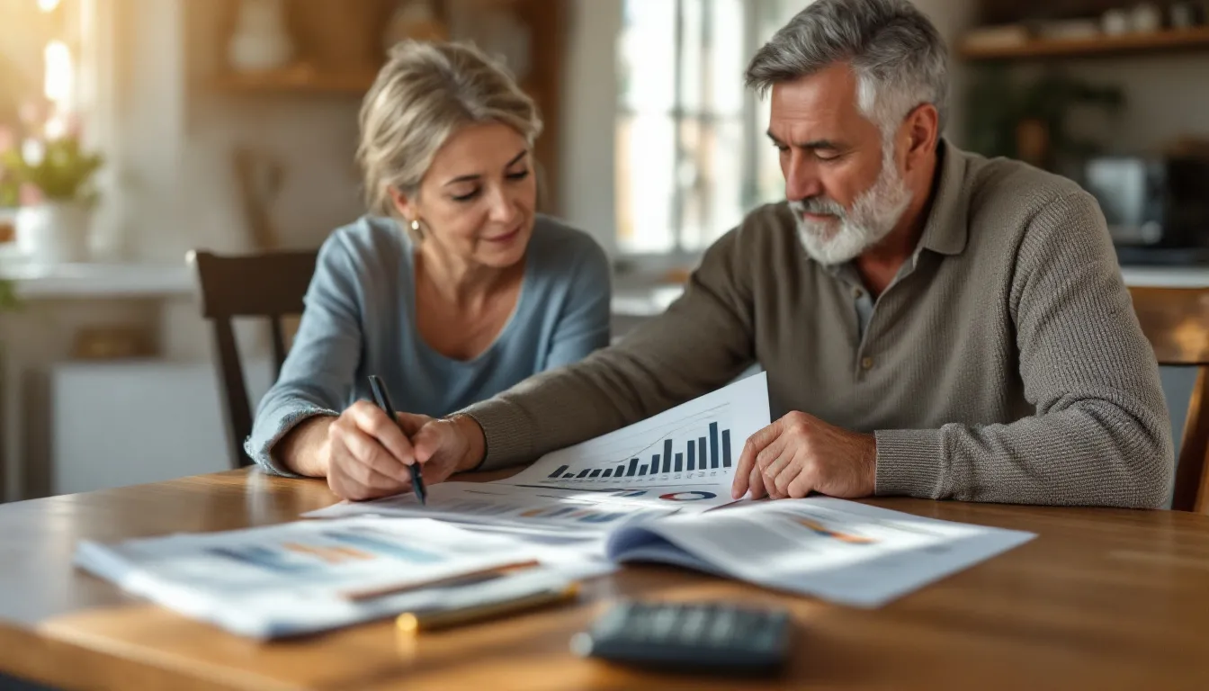 Two people review financial documents and charts together at a wooden table in a bright home setting