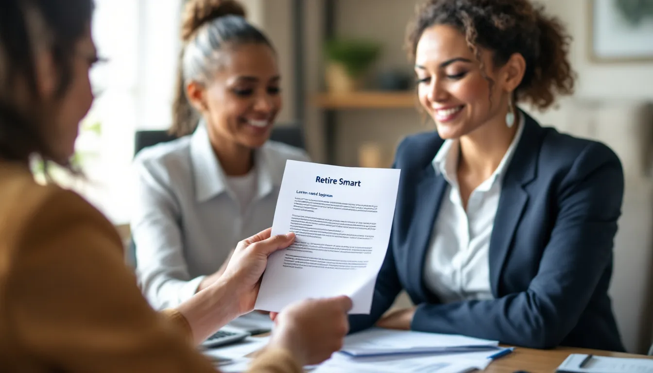 Three professionals in business attire review a document titled "Retire Smart" together at a table in an office setting