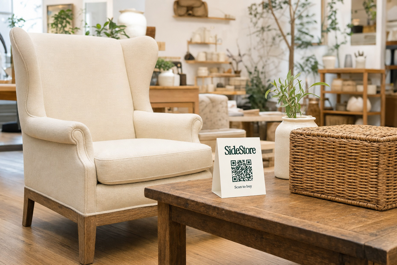 A cream-colored wingback chair with wooden legs sits in a furniture showroom next to a wooden table displaying a SideStore QR code sign and price