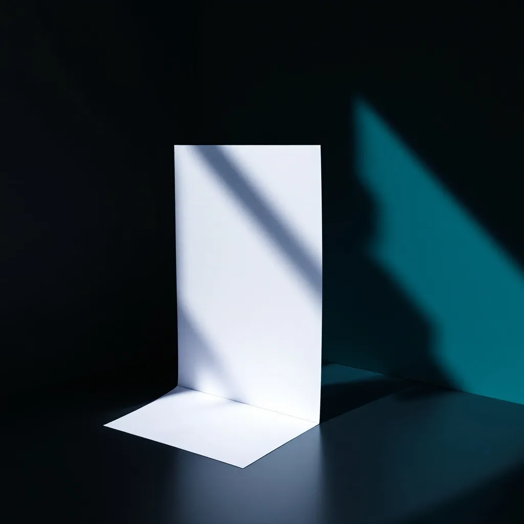 A white L-shaped paper form stands against a dark background with blue and teal light casting shadows across it