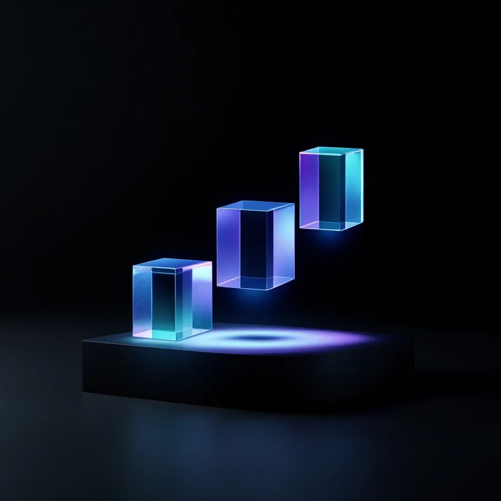 Three glowing glass blocks arranged in ascending height order on a dark surface, illuminated with blue, purple, and cyan neon light
