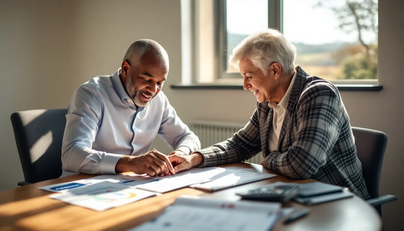 Two people reviewing retirement annuity documents and investment fund options at a table with financial charts and a calculator