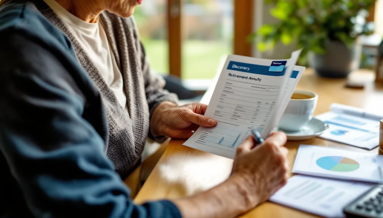 Person holding Discovery Retirement Annuity document at table with coffee, financial charts, and investment documents visible