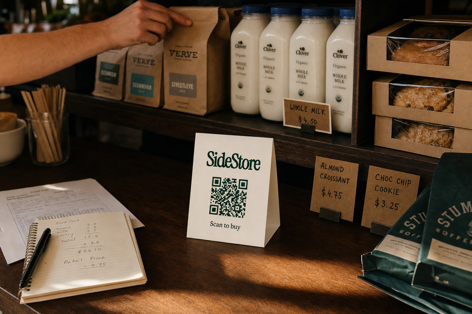 SideStore tent card on coffee shop counter displaying QR code, surrounded by coffee inventory and cost management supplies