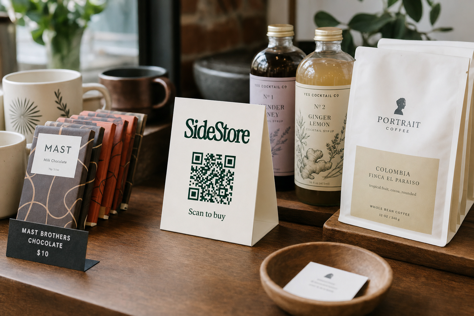 SideStore tent card on consignment display table at coffee shop with local artisan products and merchandise