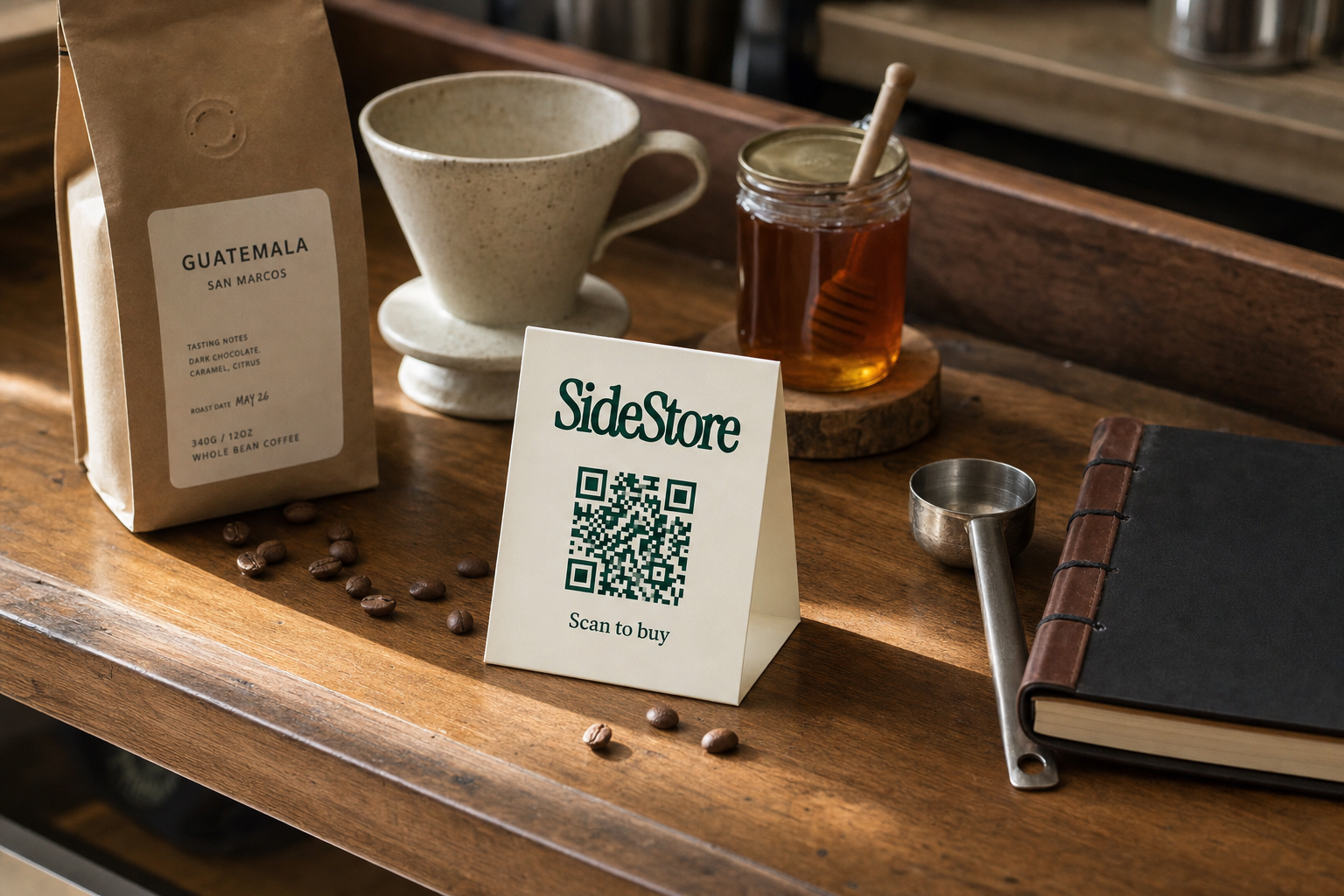 A wooden counter displays a bag of Guatemala San Marcos whole bean coffee, a ceramic cup with saucer, a jar of honey with a wooden dipper, a