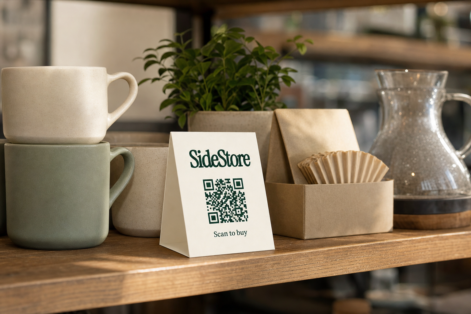 A wooden shelf displays a white tent card with