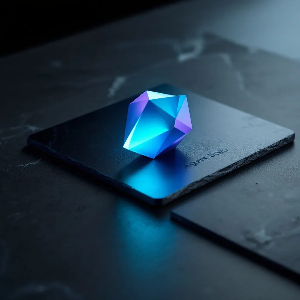 A glowing geometric crystal with blue and purple facets sits on a dark slate surface