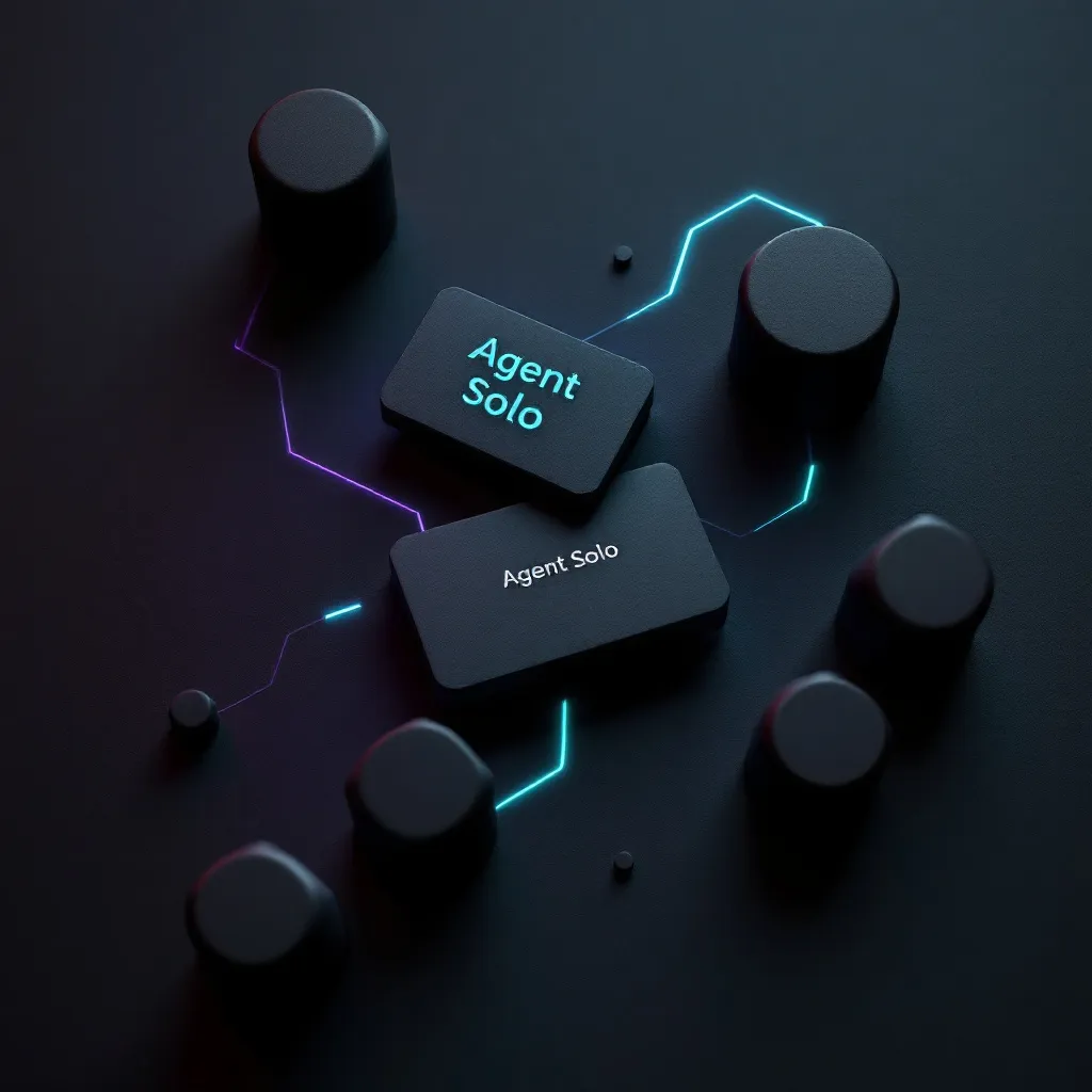 A 3D diagram showing two rectangular blocks labeled Agent Solo connected by glowing cyan and purple lines to multiple dark cylindrical nodes
