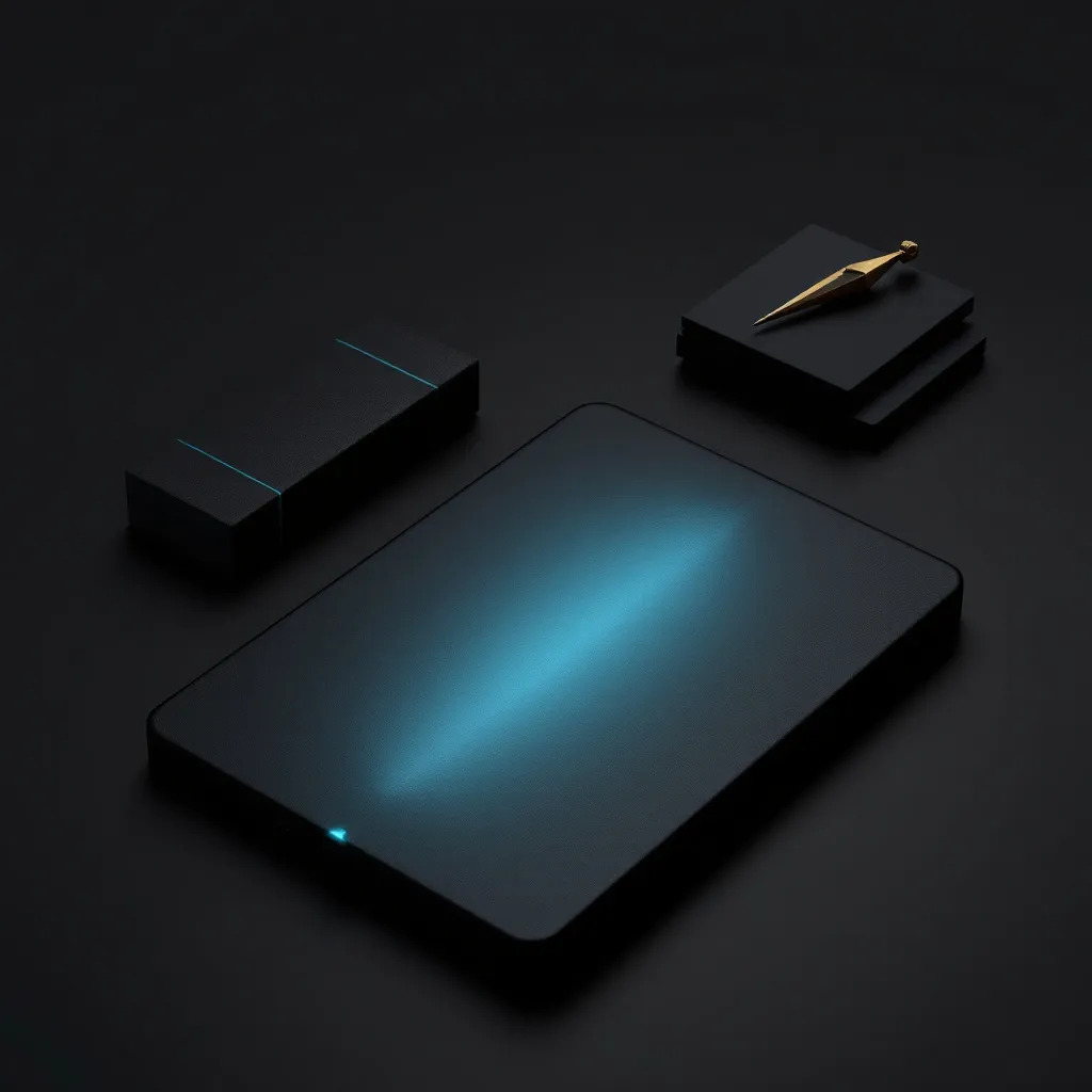 A dark workspace with a glowing tablet displaying a blue light pattern, a gold pen resting on a black notebook, and a black desk organizer w