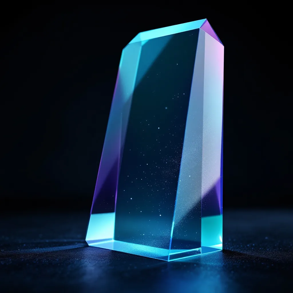 A glowing glass trophy with cyan and purple gradient lighting against a dark background