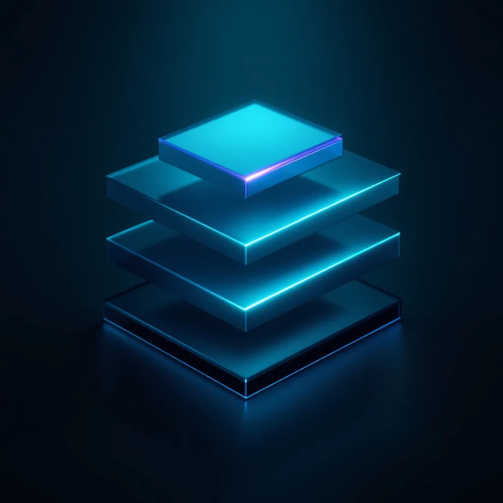 Stacked glowing layers of cyan and blue illuminated squares arranged in an isometric view against a dark background