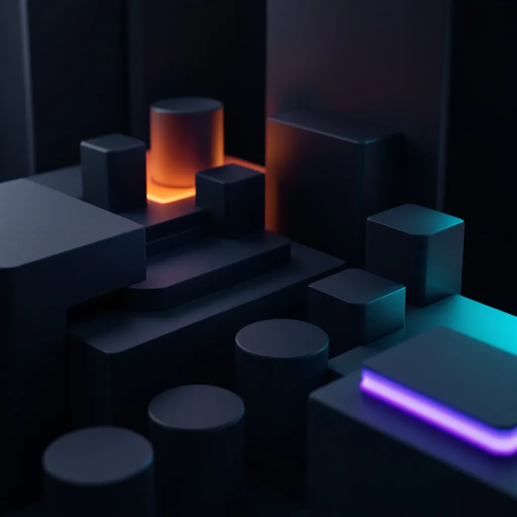 Abstract 3D scene with geometric shapes including glowing orange and cyan elements and a purple neon line on a dark background