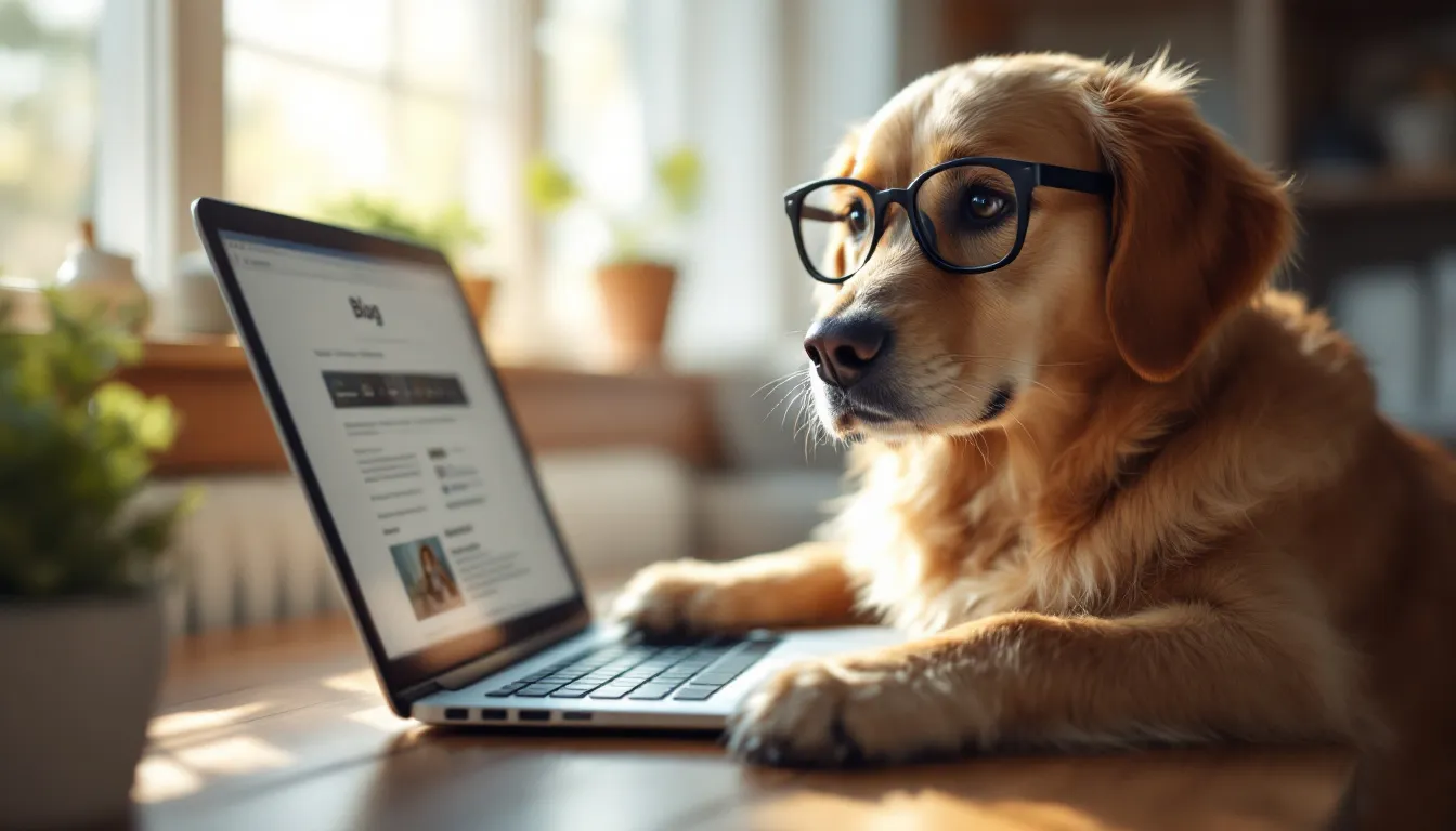 Golden retriever wearing glasses at a desk with a laptop, representing the concept of dog blogging