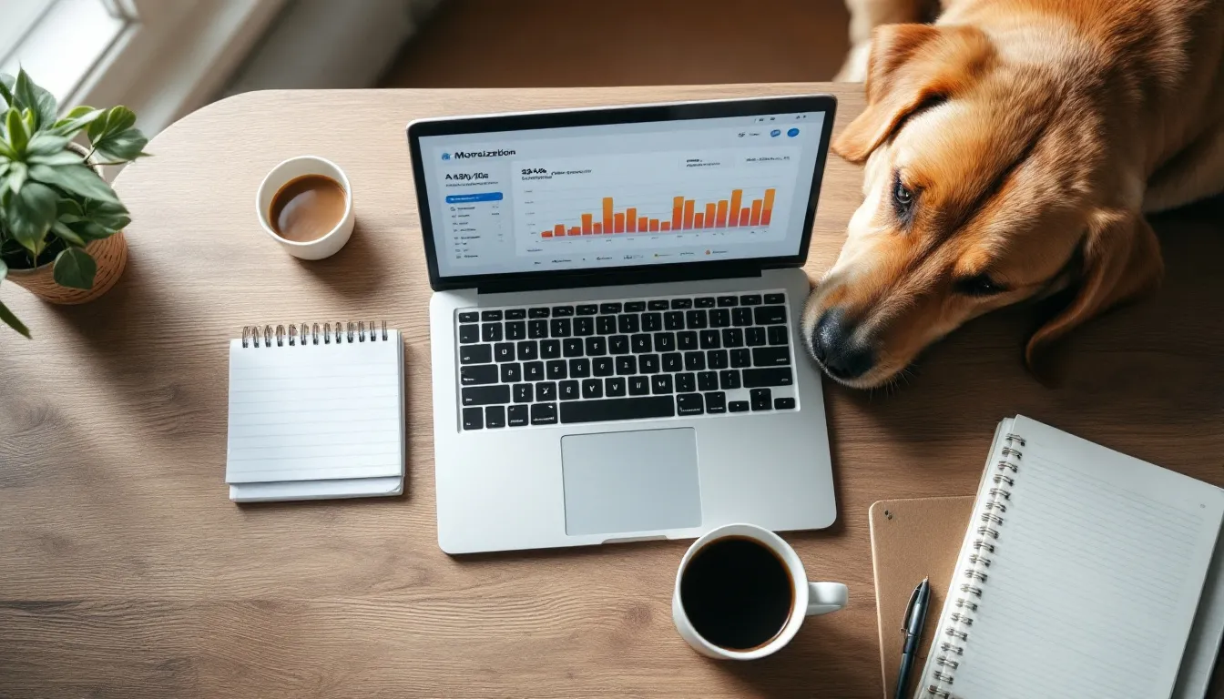 Dog resting near laptop showing blog analytics and monetization data on screen