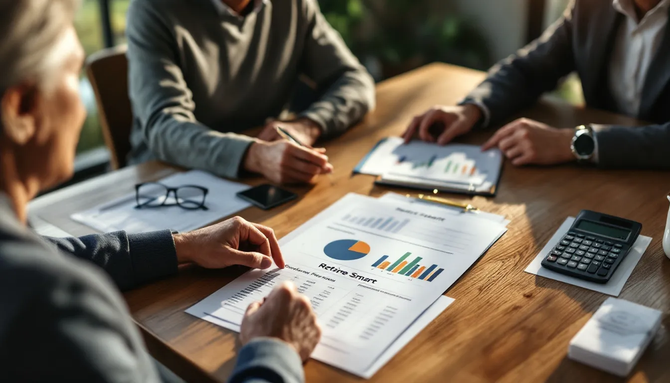 Multiple people review financial documents with pie charts and bar graphs spread across a wooden table, with a calculator and glasses nearby