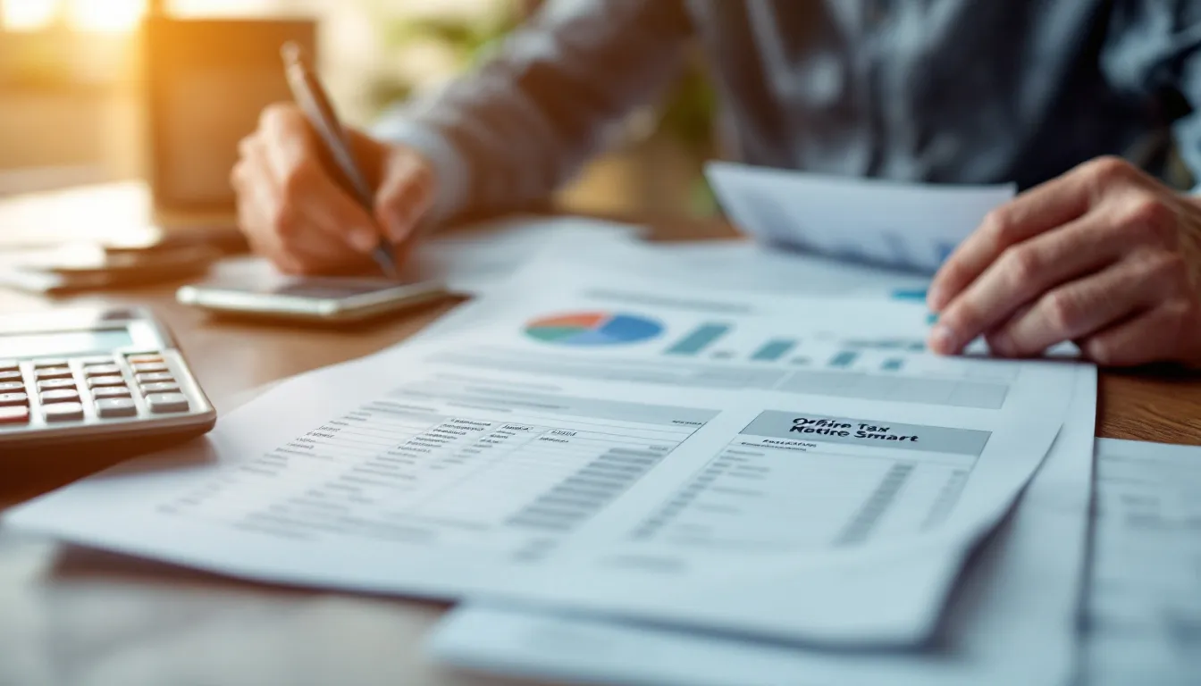 A person's hand rests on printed financial documents with pie charts and data tables spread across a wooden desk, with a calculator and note