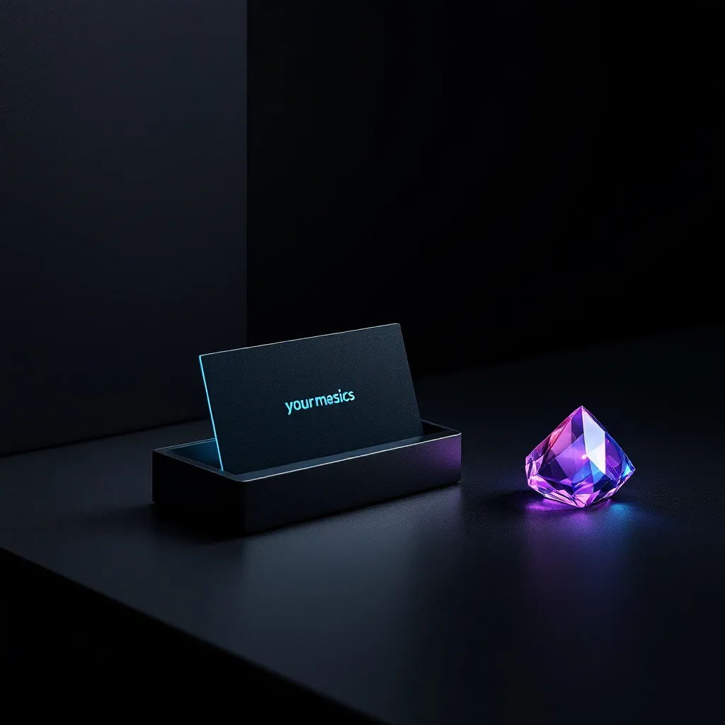 A laptop displaying a domain name on its screen sits in a stand next to a glowing purple crystal on a dark surface