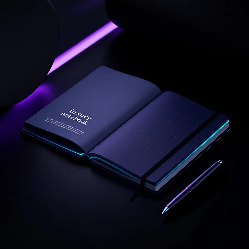 An open dark blue notebook with glowing purple and cyan accents, displayed alongside a purple pen and illuminated workspace