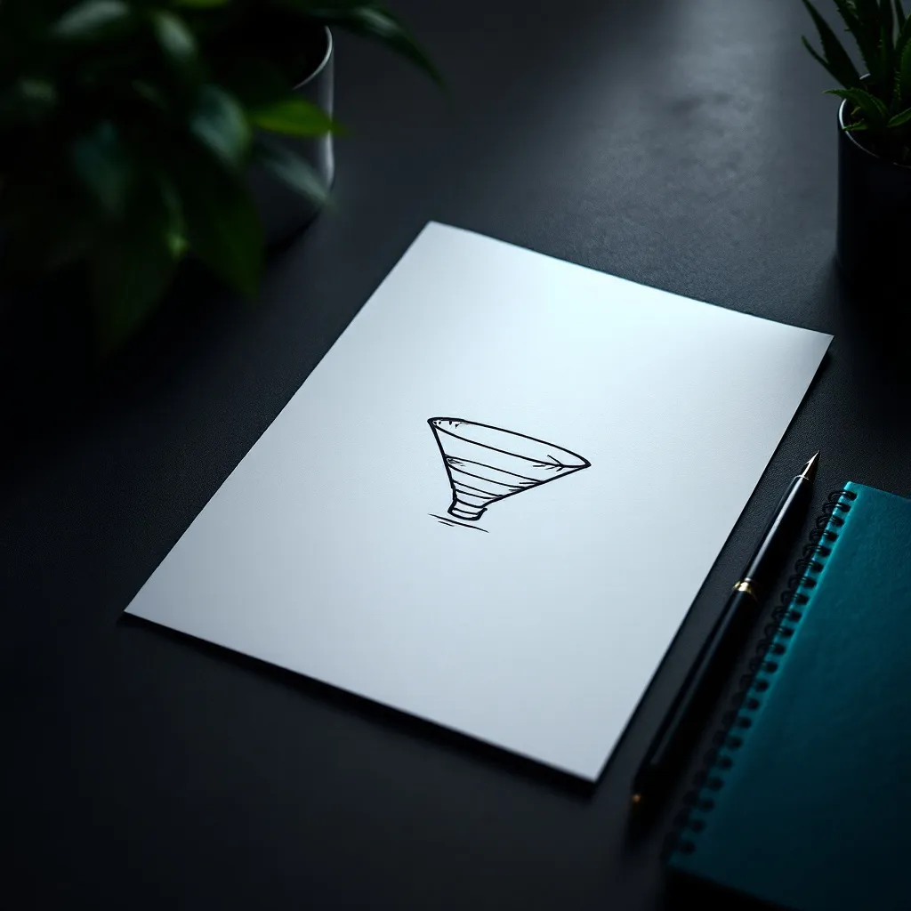 A hand-drawn funnel sketch on white paper sits on a dark desk next to a pen and notebook, with potted plants visible in the background