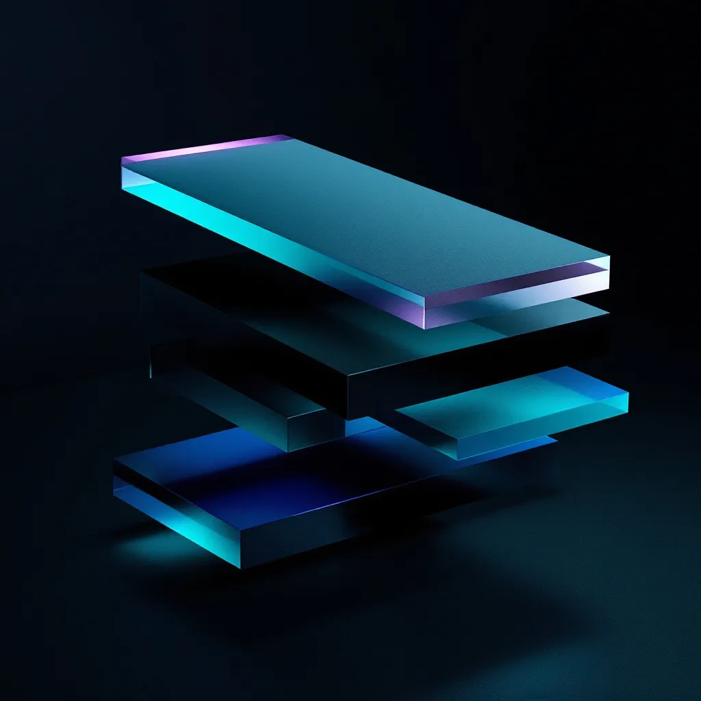 Stacked translucent rectangular layers in shades of blue, cyan, and purple with glowing edges against a dark background
