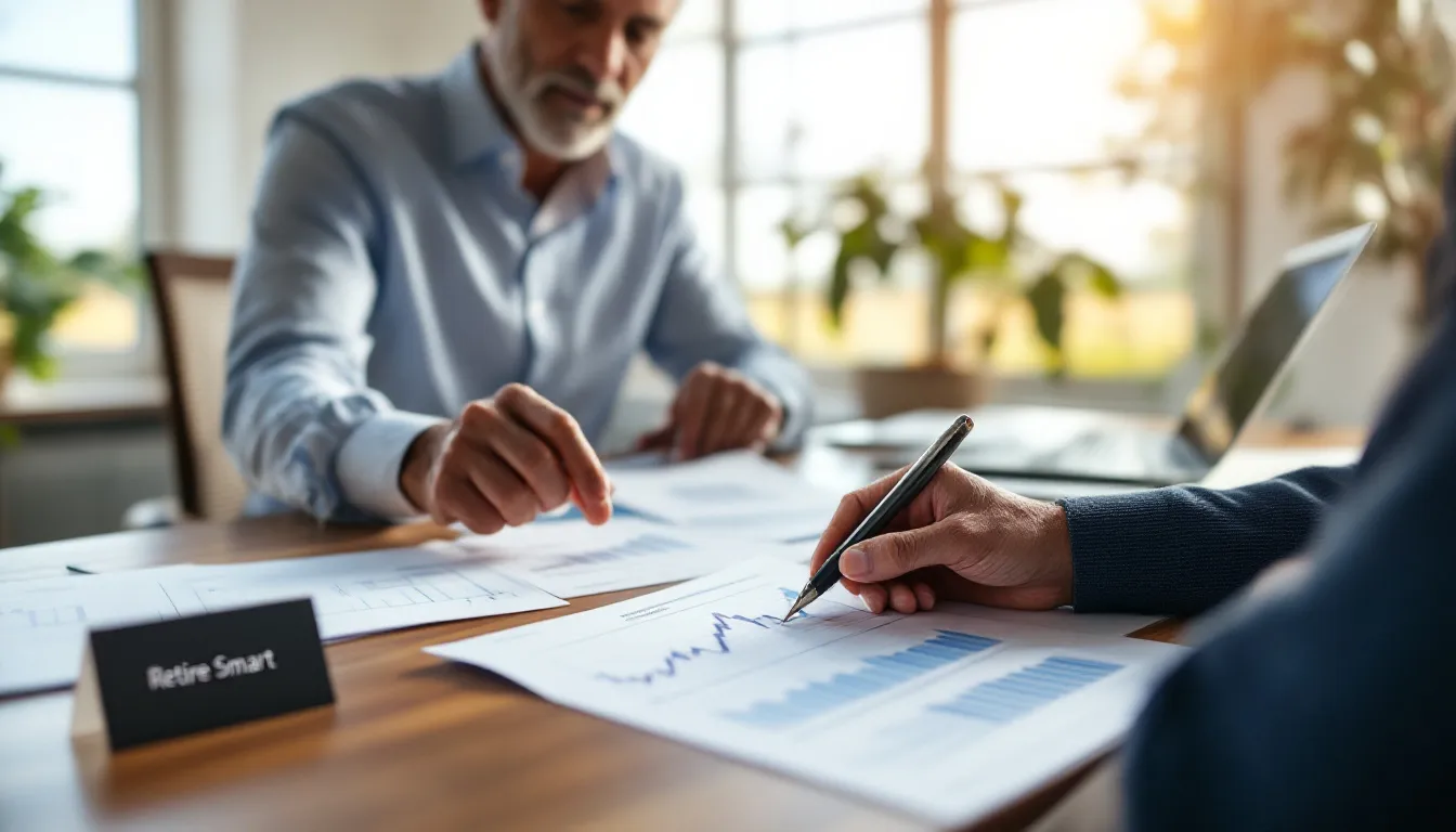 Two people review financial charts and graphs at a table near a window, with one person pointing at data while holding a pen