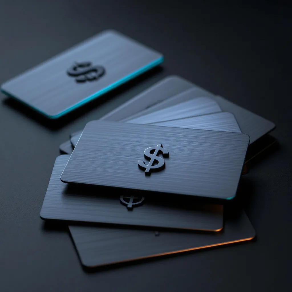 A stack of metallic cards with dollar sign symbols fanned out on a dark surface