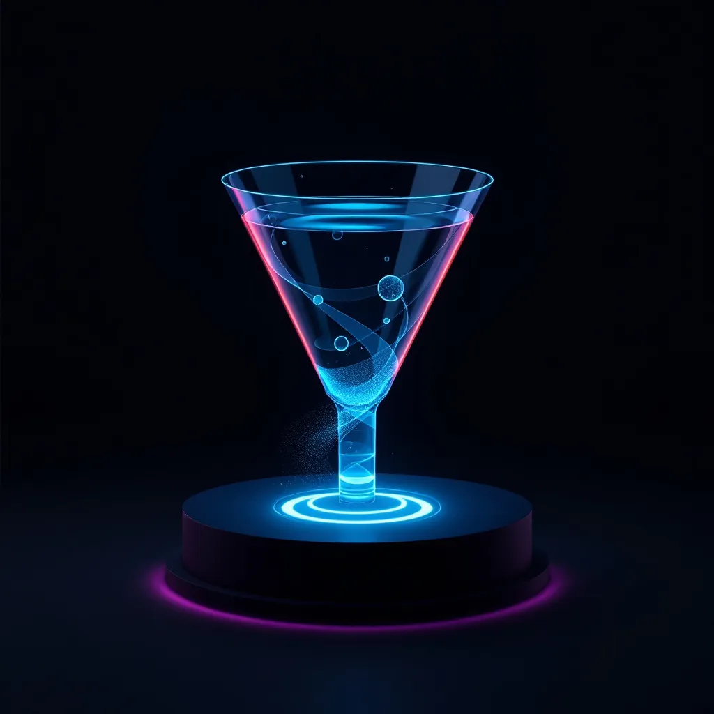 A glowing neon martini glass filled with blue liquid and floating particles on an illuminated platform