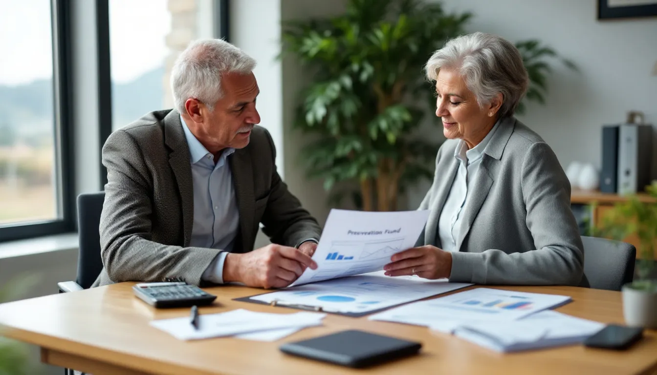 Two professionals in business attire review financial documents together at a wooden desk in a bright office environment with plants and natural light