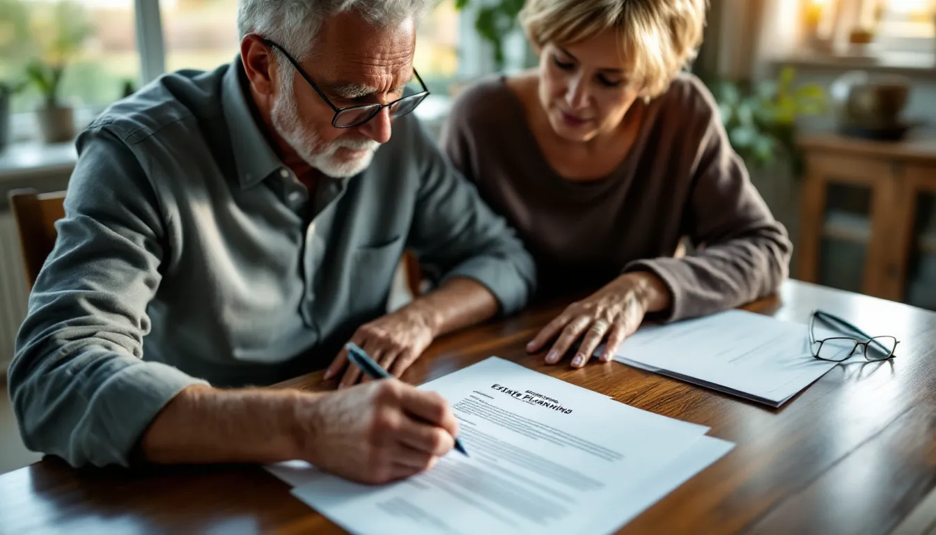 Two people reviewing financial documents together at a table in a professional setting with glasses, notebook and pen nearby